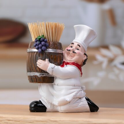 Charming Chef-Themed Toothpick Holder with Wooden Bucket - Resin, No Power Needed, Perfect for Home & Party Decor